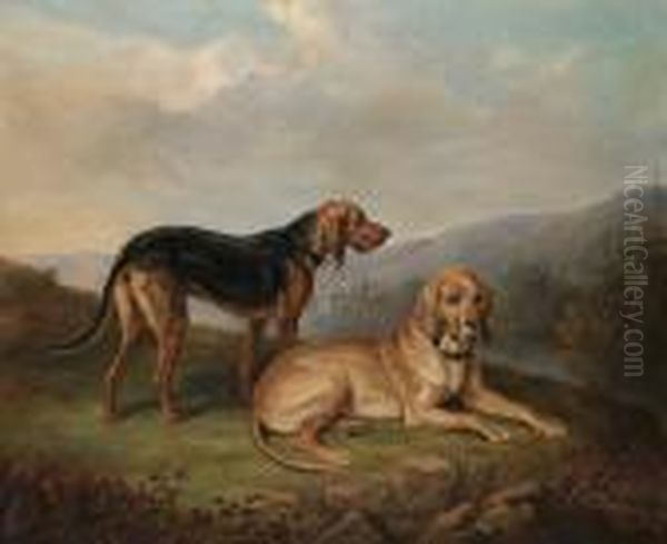 Bloodhounds In A Landscape Oil Painting by William Webb