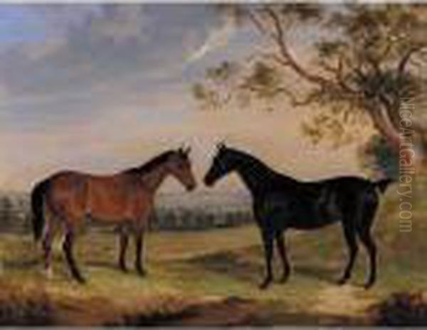 Two Mares In A Landscape Oil Painting by William Webb