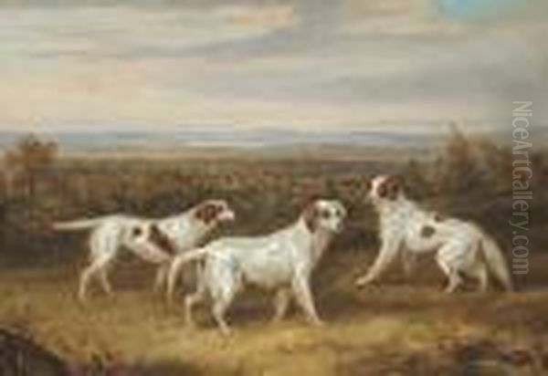 Three Setters In A Landscape Oil Painting by William Webb