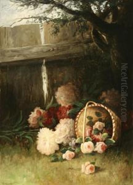 Fallen Basket Of Flowers In A Fenced Yard Oil Painting by Wesley Webber