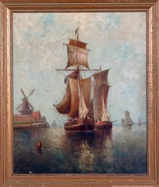 Seascape With Ships And Windmill Oil Painting by Wesley Webber