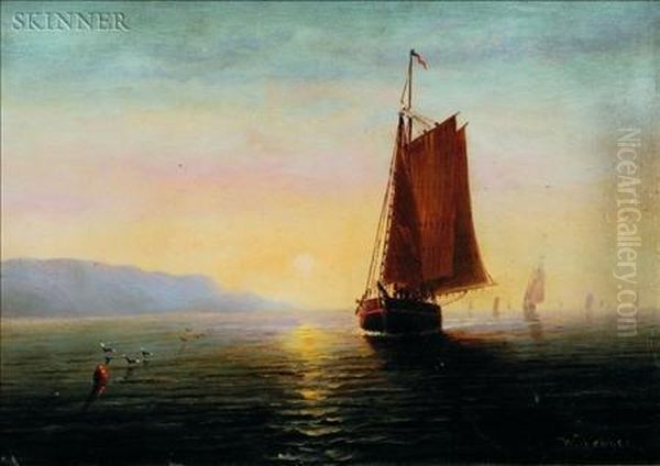 Sailing Vessels At Sunset Oil Painting by Wesley Webber