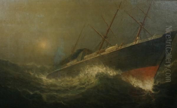 Freighter On Stormy Seas Oil Painting by Wesley Webber