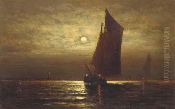 Fishing Boats Off The Coast At Night Oil Painting by Wesley Webber