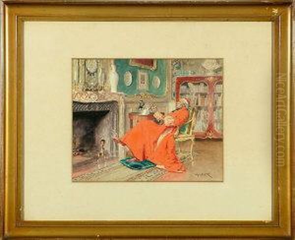 A Cardinal Seated At A Fireside Enjoying Coffee And A Cigar Oil Painting by Alfred Weber