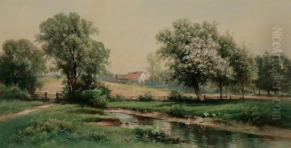 Spring Landscape With Apple Trees And Ducks By A Stream by Carl Weber