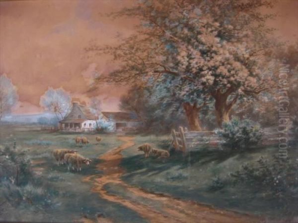 Landscape Of House With Grazing Sheep Oil Painting by Carl Weber