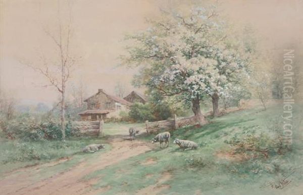 Cottage With Sheep Oil Painting by Carl Weber