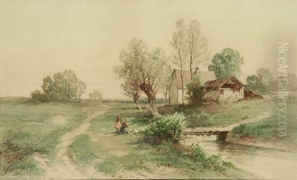 Landscape With Cottage And Figures Beside A Stream Oil Painting by Carl Weber