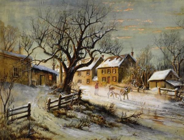 Winter Village Scene Oil Painting by Carl Weber