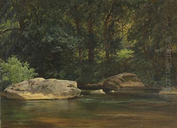 Fisherman's Rock Near Wawasett
Signed And Dated 
Carl Weber Oil Painting by Carl Weber