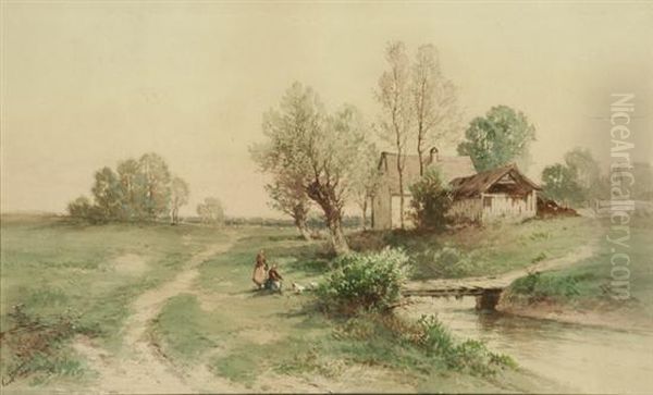 Landscape With Cottage And Figures Beside Astream Oil Painting by Carl Weber