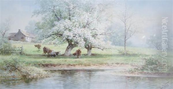 Cows Grazing At Pond Oil Painting by Carl Weber