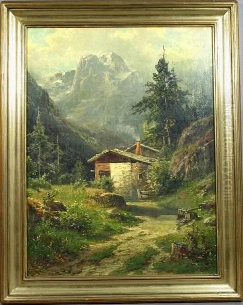 Alpine Cottage Oil Painting by Carl Weber