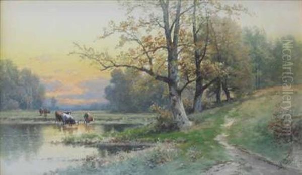 Landscape With Cattle Watering Oil Painting by Carl Weber