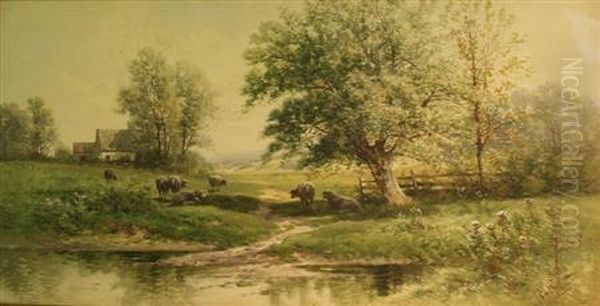 Sheep Grazing Beside A Stream Oil Painting by Carl Weber