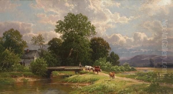 Herding Cattle Across A Bridge Oil Painting by Carl Weber