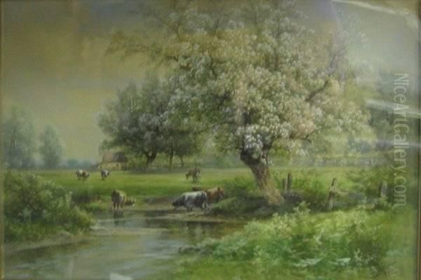 Cows Grazing By A Stream Oil Painting by Carl Weber