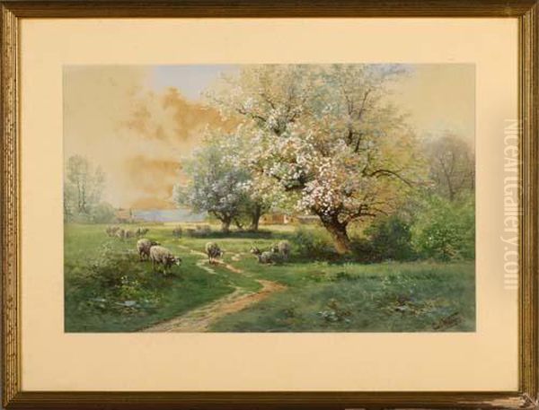 Landscape With Sheep Oil Painting by Carl Weber