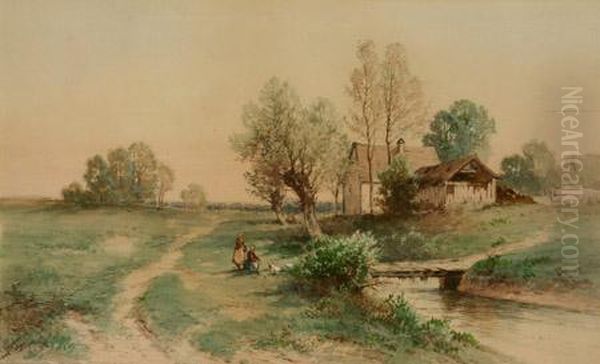 Landscape With Cottage And Figures Beside A Stream Andfootbridge Oil Painting by Carl Weber