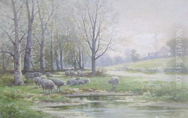 Sheep By A Stream Oil Painting by Carl Weber