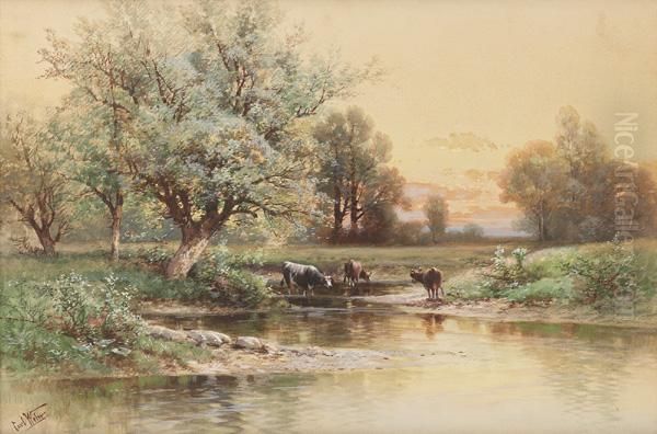 Cattle By A Stream Oil Painting by Carl Weber