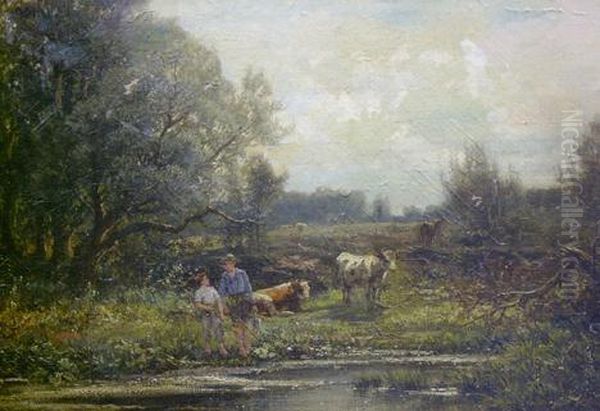 Landscape With Figures And Cattle By A Stream Oil Painting by Carl Weber