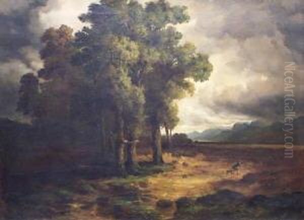 Landschaft Bei Aufziehendem Gewitter, Mit Einer Person Im Wehenden Mantel Nebst Hund Oil Painting by Carl Weber