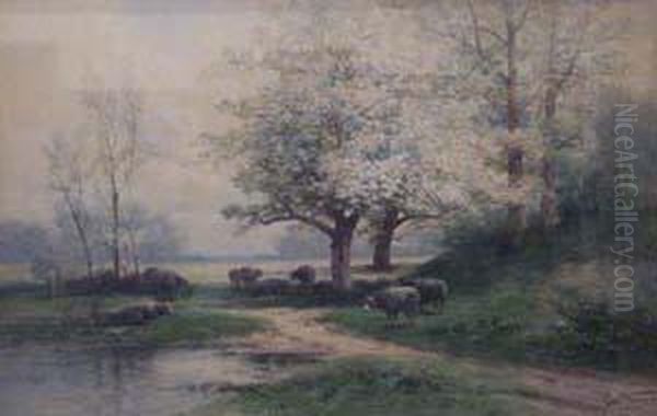 Sheep By A Brook In A Landscape Oil Painting by Carl Weber