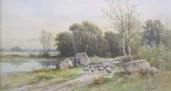 Herder With Flock Of Sheep Oil Painting by Carl Weber