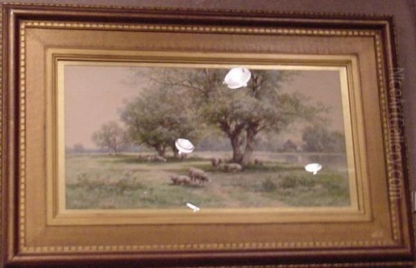 Sheep Grazing Beneath Flowering Trees Oil Painting by Carl Weber