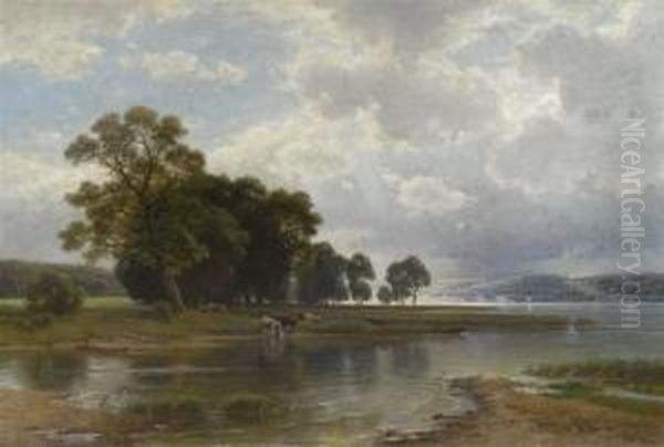 Cows At The Ammersee Lake Oil Painting by Paul Weber