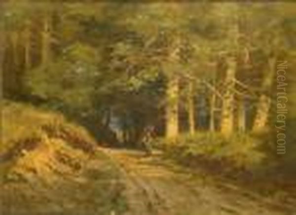 Sonnendurchfluteter Waldweg Mit Reisigsammlerin Oil Painting by Paul Weber