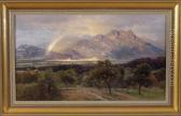 Weiter Blick Uber Einen Wald Auf Einen Regenbogen Uber Einer Stadt Am Fus Der Berge Oil Painting by Paul Weber