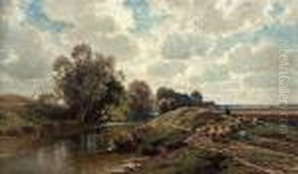 Summery Riverlandscape With A Flock Of Sheep Oil Painting by Paul Weber