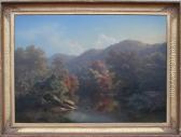 Wissahickan Creek, Autumn Scene With Boater Oil Painting by Paul Weber