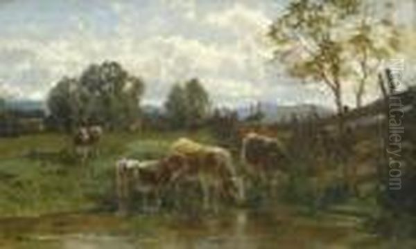 Kuhe Am Weiher. Oil Painting by Paul Weber