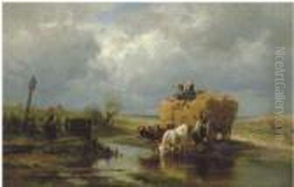 Figures With Cows In A Stream Oil Painting by Paul Weber