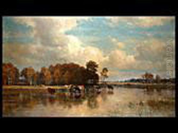 Kuhherde Im Seichten Uferwasser Oil Painting by Paul Weber