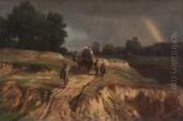 Bauern Mit Heuwagen Auf Dem
 Heimweg Bei Abziehendem Gewitter. Oil Painting by Paul Weber