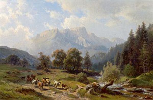 Mucche Andando Verso La Riva Del Ruscello Oil Painting by Paul Gottlieb Weber