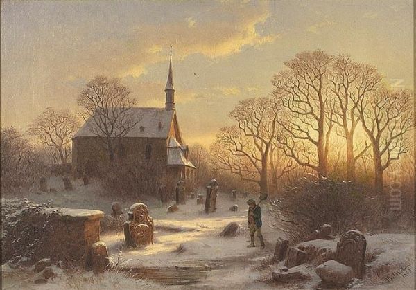 Winter Sunset Scene With Churchgraveyard And Gravedigger Oil Painting by Paul Gottlieb Weber