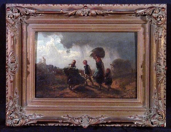 Peasants Fleeing An Approaching Storm Oil Painting by Paul Gottlieb Weber