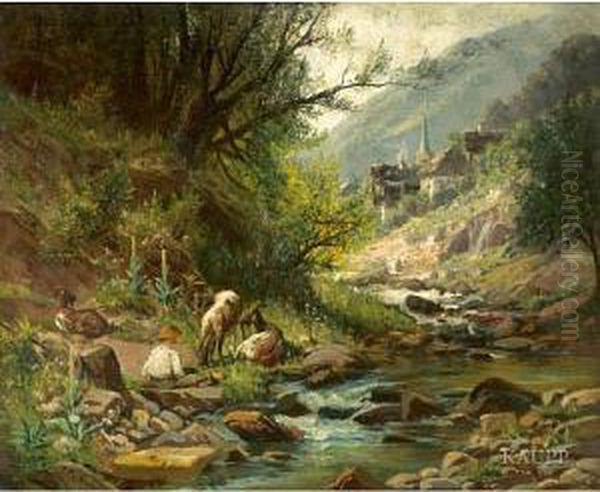 An Einem Bachlauf In Idyllischer
 Landschaftsitzender Hirtenjunge Mit Seiner Kleinen Ziegenherde Oil Painting by Philipp Weber