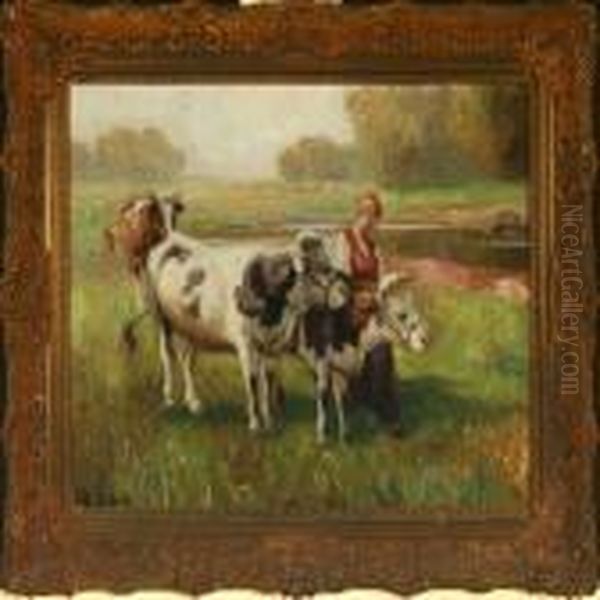 Landscape With Youngwoman And Cows At A Stream Oil Painting by Rudolf Weber