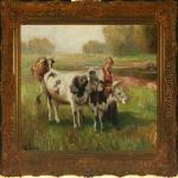 Landscape With Young Woman And Cows At A Stream Oil Painting by Rudolf Weber