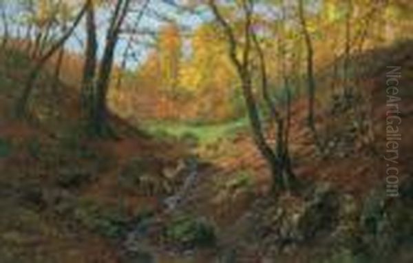 /attributed Herbstlicher Wald Mit Rotwild Oil Painting by Rudolf Weber