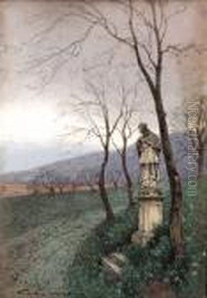 Nepomukstatue In Feld- Und Wiesenlandschaft Oil Painting by Rudolf Weber