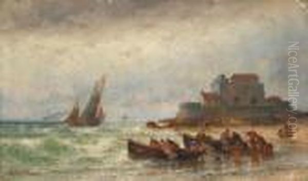 Fishermen On The Lakeshore Oil Painting by Theodor Alexander Weber