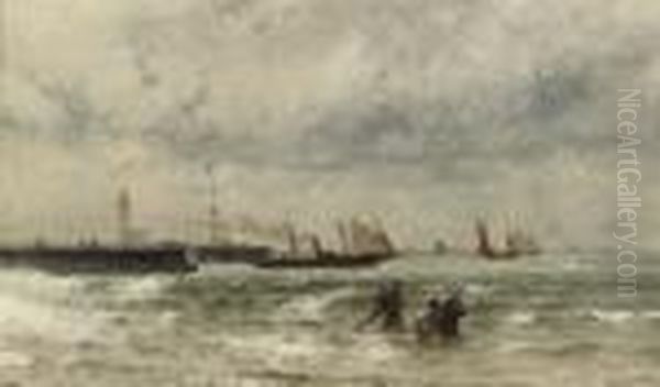 Shipping Near A Harbour Entrance Oil Painting by Theodor Alexander Weber